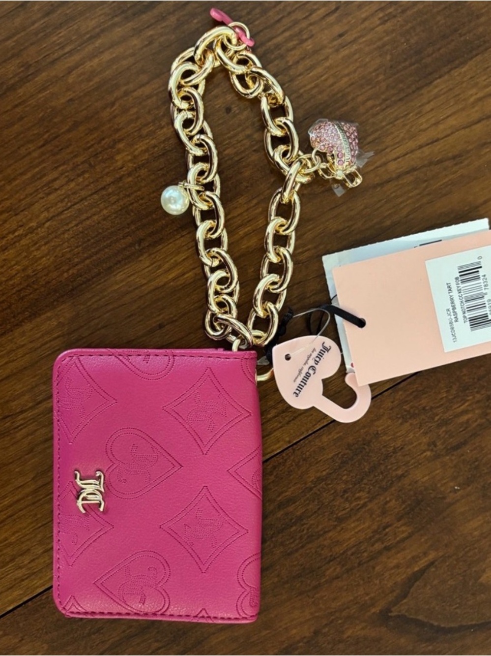 Juicy Couture Pink Embossed Card & Key Holder with Gold Chain Charm